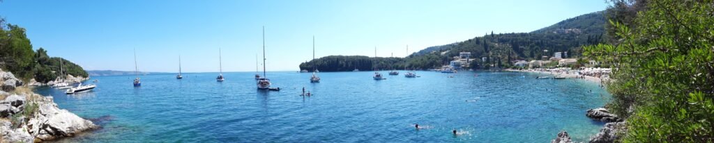 Wide view of Kalami Beach in Corfu, Greece.